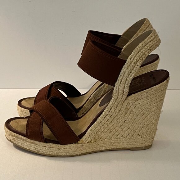 NINE WEST "Jaxson" Brown Fabric Wedge Jute Heel Espadrille Sandals ~ Size 10.5M - Picture 2 of 12